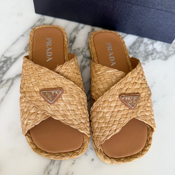 Prada 2X3142 Mens Woven Raffia Cross Strap Slide Sandals Beige Tan UK 7 (FIT LG)